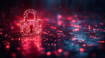 Cybersecurity Padlock: Glowing Red Digital Lock in Dark Abstract Setting