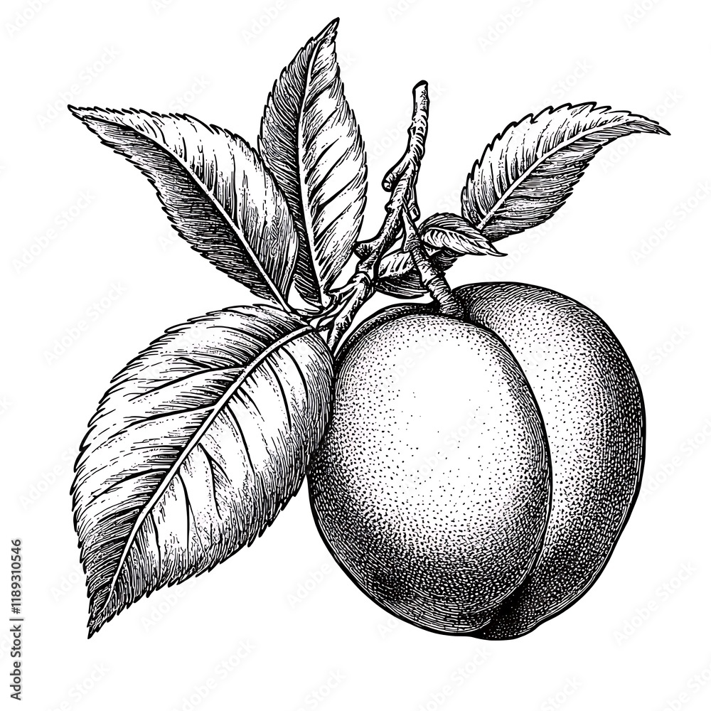 Fototapete peach with leaves, drawn in an intricate engraving style sketch engraving generative ai raster illustration. Scratch board imitation. Black and white image of fruite


