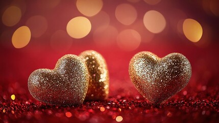 Fototapeta premium Shimmering Golden Hearts with Bokeh Lights on Rich Red Background