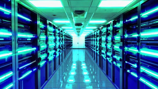 A high-tech data center is depicted in a stock photo with a server room featuring rows of servers, creating a futuristic and technologically advanced atmosphe