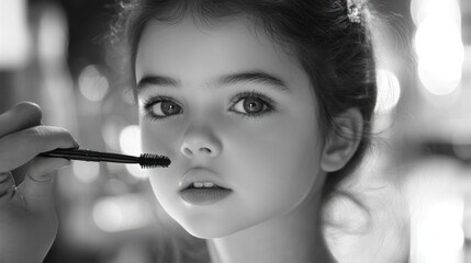 Obraz premium Black and white portrait of a young girl having makeup applied.