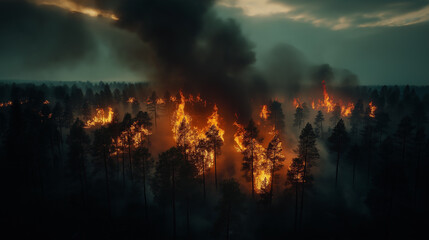 Obraz premium Forest wildfire engulfing trees with thick smoke and glowing flames, intense environmental scene showcasing climate impact and natural disasters
