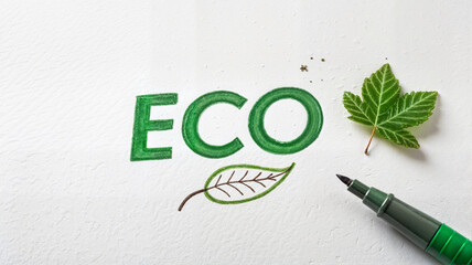 Eco text with leaf and pen illustration