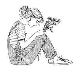 Girl sitting and picked flowers a one line art drawing style black linear sketch isolated on transparency