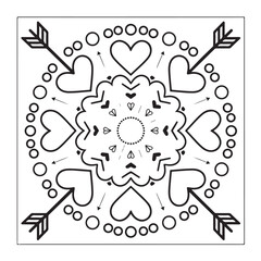 Mandala coloring page, bold line art, mandala black and white, mandala line art, love themed mandala line art, mandala coloring page for adults