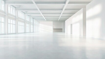 Fototapeta premium Vast Open Space: Sunlit minimalist architecture, expansive windows, and polished concrete floors create a feeling of airy spaciousness and modern design in this bright, open space. 