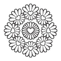 Mandala coloring page, bold line art, mandala black and white, mandala line art, love themed mandala line art, mandala coloring page for adults