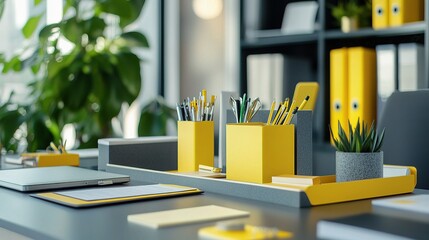 Modern Office Workspace: A stylish and organized workspace featuring a sleek gray desk with yellow accents, neatly arranged stationery, a laptop, and a vibrant green plant.