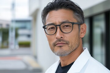 Fototapeta premium 白衣を着た男性が外でカメラに向かい真剣な表情を見せている瞬間