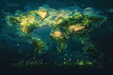 Fototapeta premium An artistic pixel world map illuminated by glowing spotlight effects, showcasing vibrant green and earthy tones of the continents, creating a captivating global representation at night
