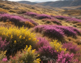 Obraz premium Soft focus of gorse and heather in full bloom on a Cornish moor, pastel colors, heather