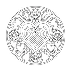 Mandala coloring page, bold line art, mandala black and white, mandala line art, love themed mandala line art, Pattern coloring page