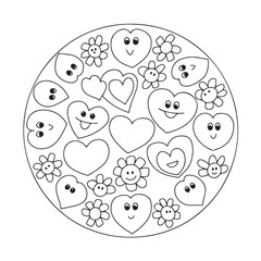 Mandala coloring page, bold line art, mandala black and white, mandala line art, love themed mandala line art, Pattern coloring page