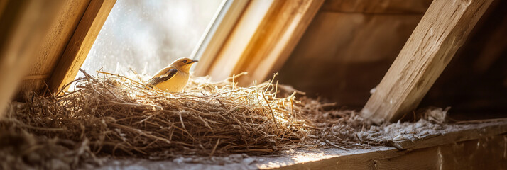 Sparrow nestled in sunlit attic corner amidst cozy straw nest