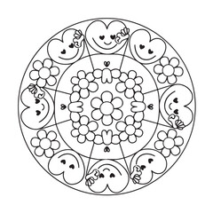 Mandala coloring page, bold line art, mandala black and white, mandala line art, love themed mandala line art, Pattern coloring page