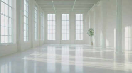 Fototapeta premium Minimalist Light: A single plant stands tall in a pristine white room bathed in natural light. The reflection of the sun illuminates the gleaming floor, creating a minimalist and serene aesthetic. 