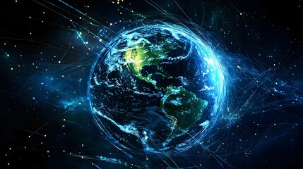 A glowing 3D digital representation of Earth from space. represents global connectivity and the interconnectedness of the digital world, symbolizing the internet, communication networks and futuristi