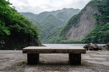 Fototapeta premium 自然に囲まれた静かな川沿いのベンチの景色