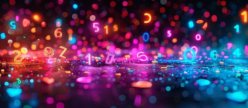 Vibrant Neon Letters and Numbers Floating on Abstract Digital Backdrop