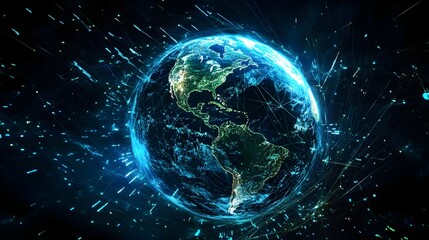 Fototapeta premium A glowing 3D digital representation of Earth from space. represents global connectivity and the interconnectedness of the digital world, symbolizing the internet, communication networks and futuristi
