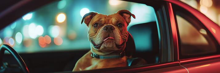 Bulldog enjoying night car ride with vibrant city lights