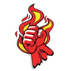 Flaming red fiery fist. Clenched fist in burning fire. Cartoon vector on transparent background