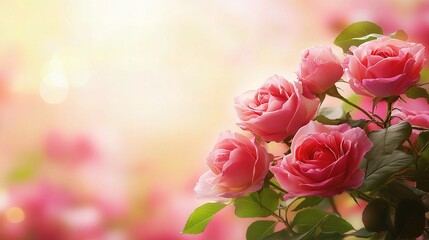 Pink Rose Bouquet: A delicate cluster of pink roses, their petals glistening with morning dew, stand out against a backdrop of soft pastel hues, symbolizing love, romance, and the beauty of nature.