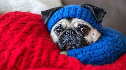 Beautiful pug wearing blue sweater and ears and hat relaxing on red pillow under the tree on red wrapping gifts during cozy christmas at home