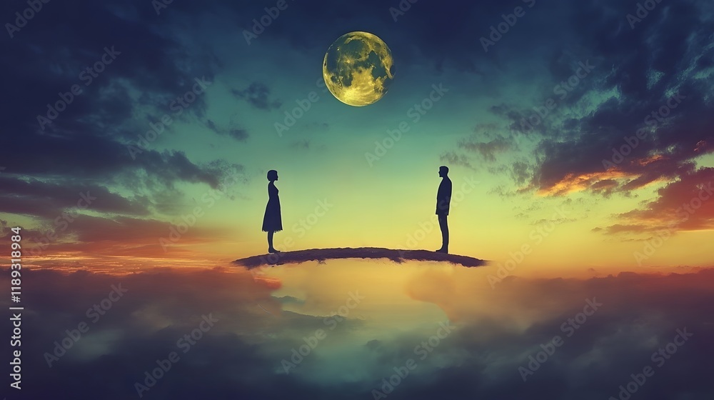 Poster romantic silhouette of two people standing on a floating island against a starry sky with a full moo
