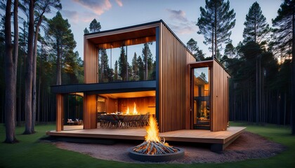 a modern wood house in the forest with a bonfire