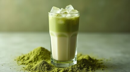 A tall glass of cold iced matcha latte with layers and ice, surrounded by matcha powder 
