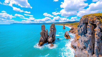 Scenic Coastal View with Rocks and Turquoise Waters Under Cloudy Sky
