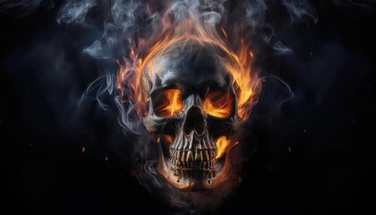 Creepy Skull Surrounded by Swirling Smoke and Flames