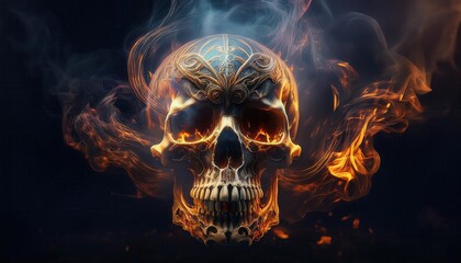 Mysterious Blurred Skull with Mexican Flames Background