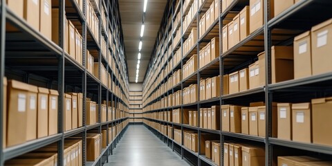 Modern archive room neatly organized cardboard boxes filled with historical documents on metal shelves. Organized storage solutions highlight efficient management of valuable records. Public access,