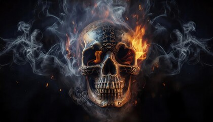 Blurry Skull Surrounded by Flames and Smoke
