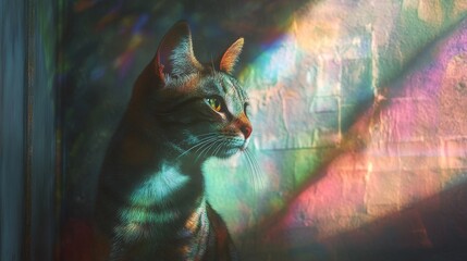 Serene Cat in Rainbow Light - A tabby cat sits peacefully, bathed in colorful light, symbolizing peace, tranquility, mystery, beauty, and hope.