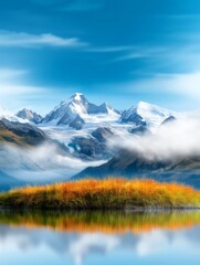 Fototapeta premium Serene Mountain Lake Reflection - Majestic mountains, tranquil lake, autumn grasses, cloud reflections, serene landscape. Symbolizes peace, nature, tranquility, reflection, beauty.