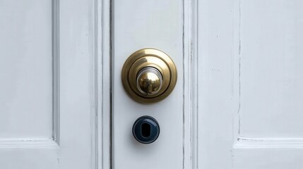 Fototapeta premium close up of a white door with gold doorknob and a dark keyhole