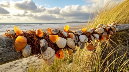 Handcrafted seaweed and seashell christmas garland on driftwood