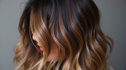 Naklejka premium A beautiful representation of the balayage technique, highlighting natural gradients in hair color, expertly blending dark roots with lighter ends for a sophisticated look