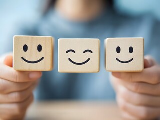 Wooden blocks with smiley faces held by a person symbolizing emotions and positivity, showcasing different expressions of joy and happiness in a light, cheerful setting