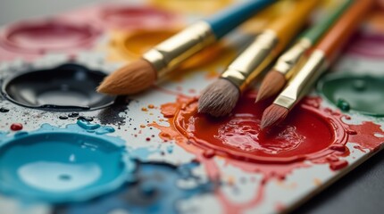 Fototapeta premium A detailed closeup of a palette with acrylic paint and an array of paintbrushes in different colors, highlighting the essence of artistic creation.