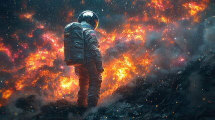 Astronaut standing on a celestial landscape amidst vibrant cosmic colors.