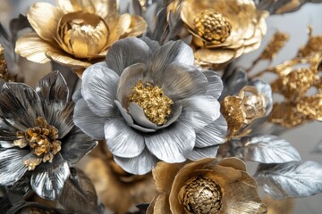 close-up of decorative gold and silver flowers