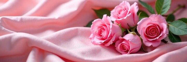 Fototapeta premium Delicate pink roses nestled on luxurious silk fabric , pink roses, smooth, drape