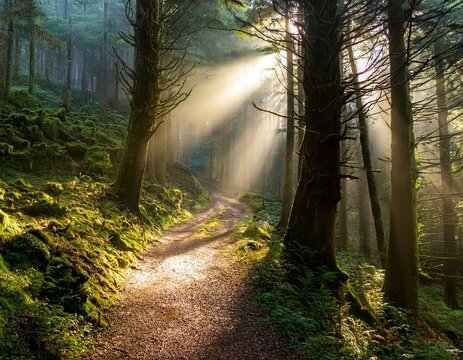 sunbeams illuminate a winding path through a misty forest sunlight filtering through the canopy illuminating the ancient trees and the mossy ground - Powered by Adobe