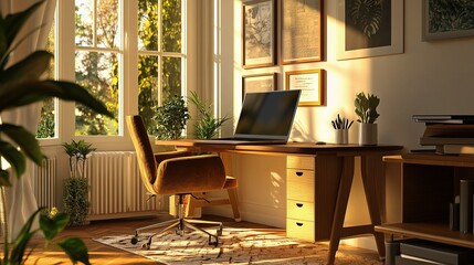 Cozy Modern Home Office with Laptop and Natural Sunlight