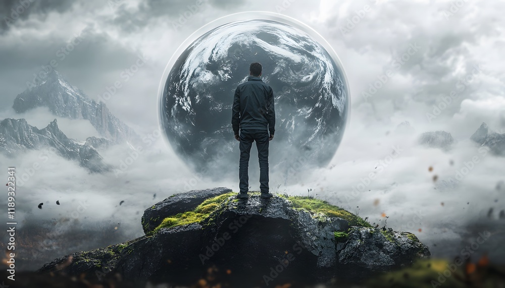Poster solitary figure gazes at enormous celestial sphere above majestic landscape with mountains and cloud