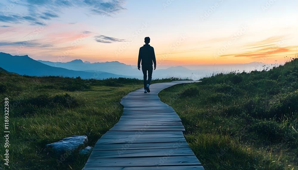 Aufkleber serene evening stroll on a wooden pathway through lush greenery with majestic mountains and a colorf